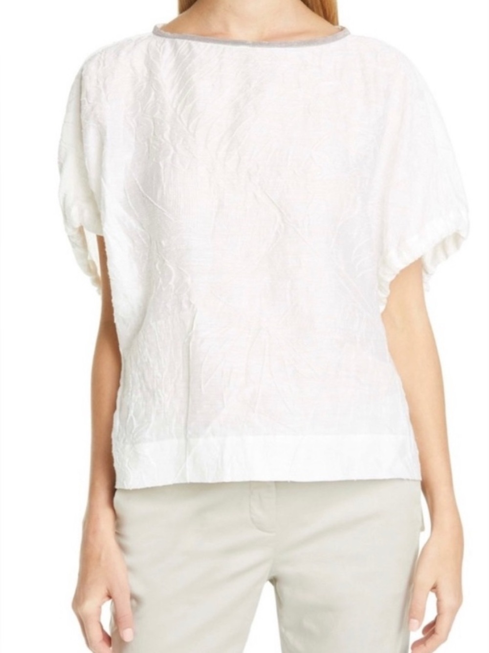 Fabiana Filippi WhIte Floral Contrasting Trim Blouse Size Small Linen Coastal